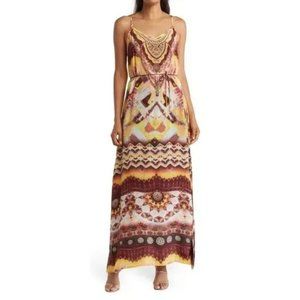 Shahida Parides Tribal Print Jeweled Silk Maxi Dress Sz S/M